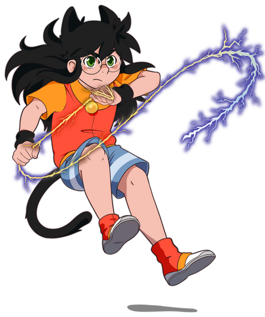 Alex the cat girl holding a whip of electricity and jumping backwards with a determined look.